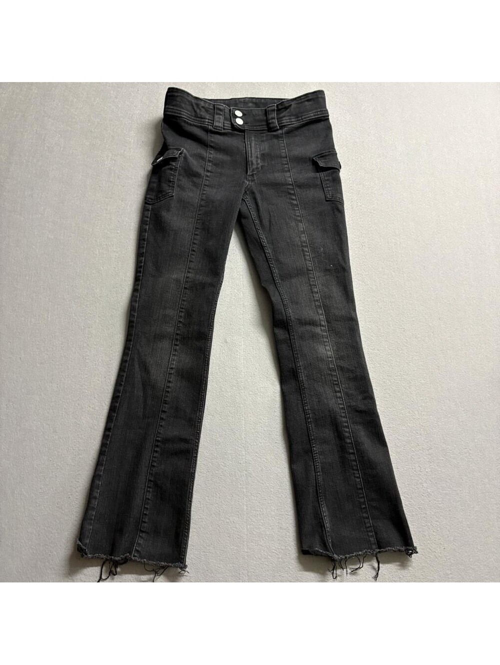 HM Girls Bootcut Jeans Size 20 Black Denim Low Waist Cargo Pockets Raw Hem